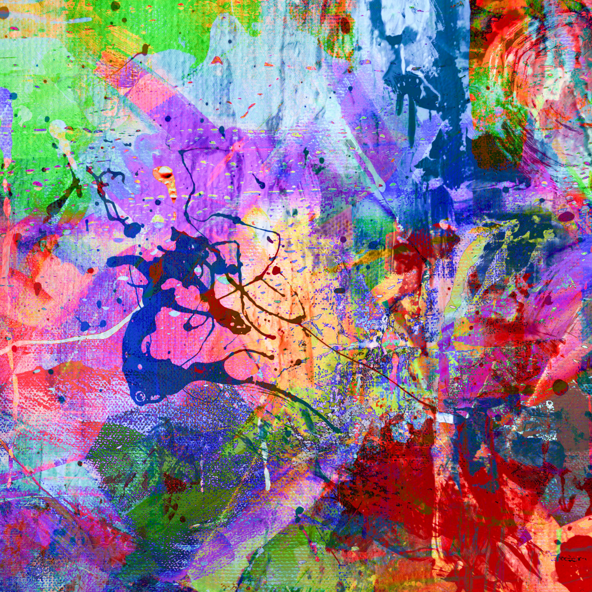 Colorful abstract painting with purple, green, and expressive marks